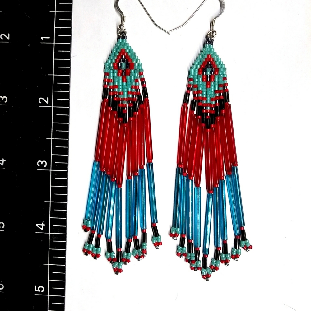 Beaded Handmade Long Fringe Red Blue Petit Earrings - Picture 4 of 6